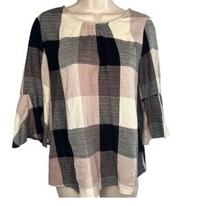 ⭐️2/$10 Ro&de Pink Neutral Buffalo Plaid 3/4 Bell Sleeve Tie Back Blouse Size XS